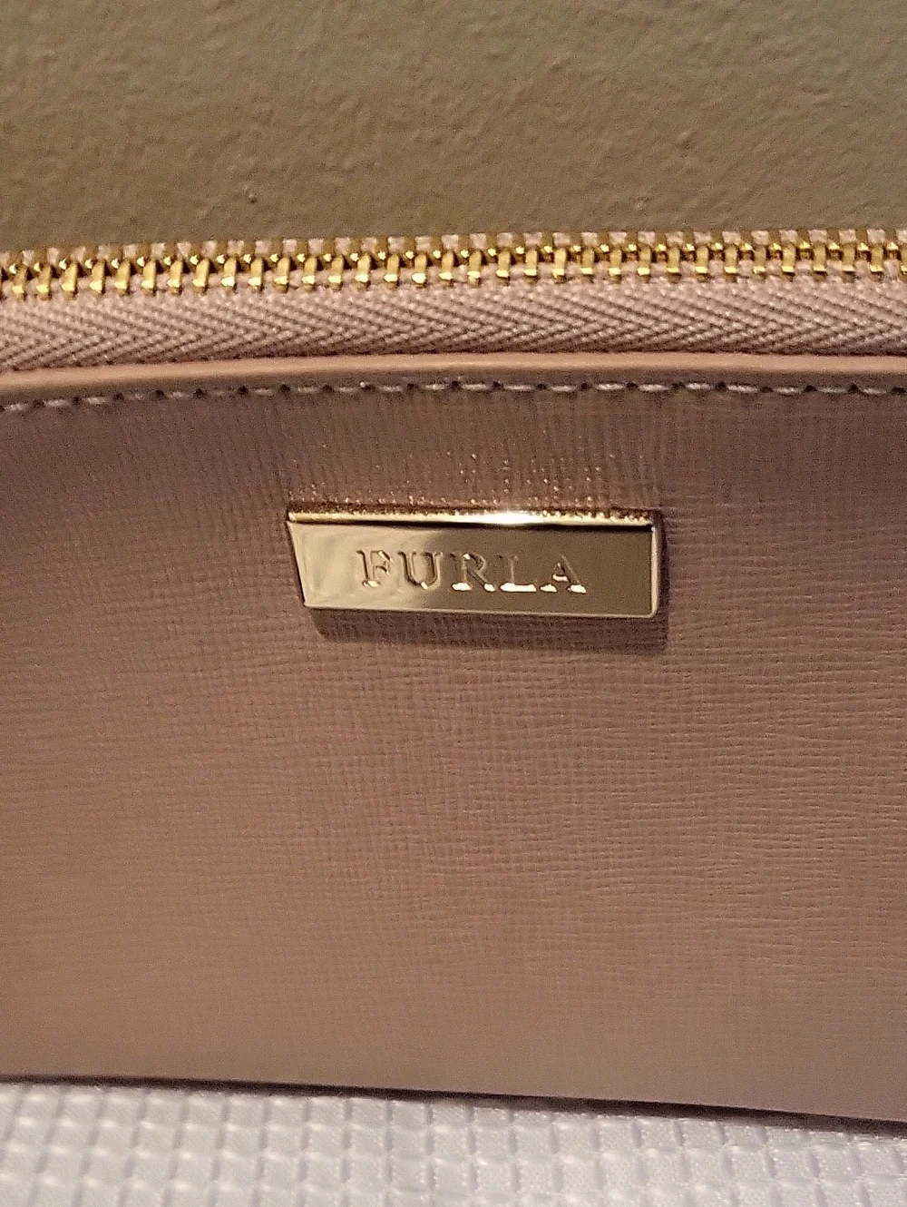 Furla Pale Pink Saffiano Cosmetic Case with Gold Hardware New With Tags